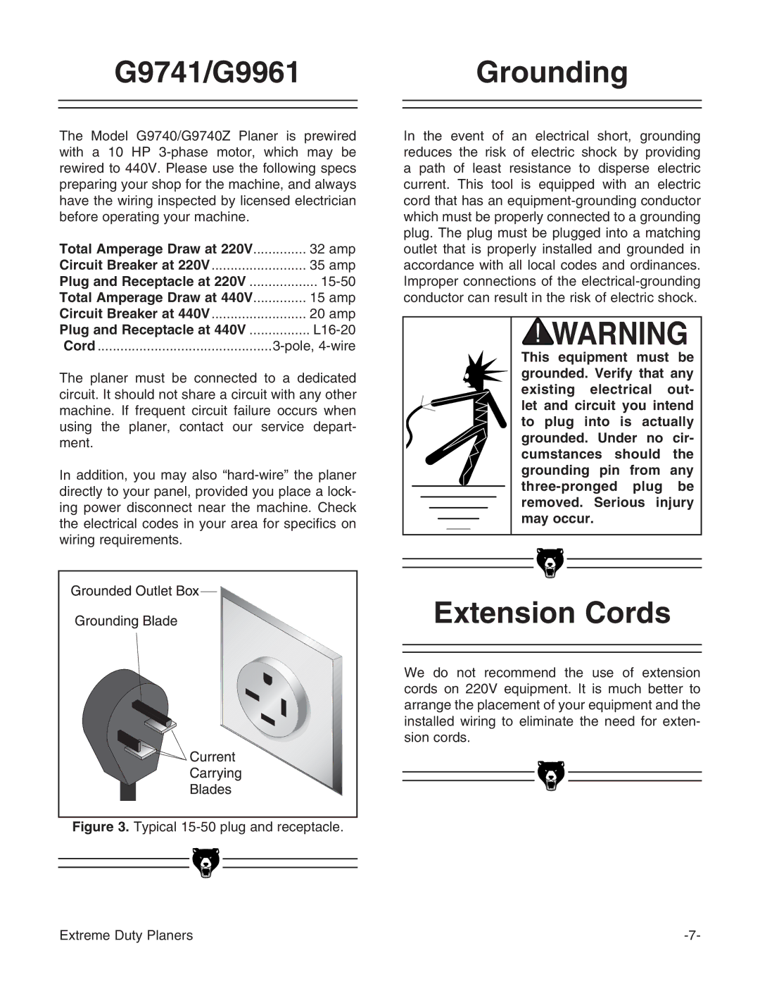 Grizzly G9740 instruction manual G9741/G9961Grounding, Extension Cords 