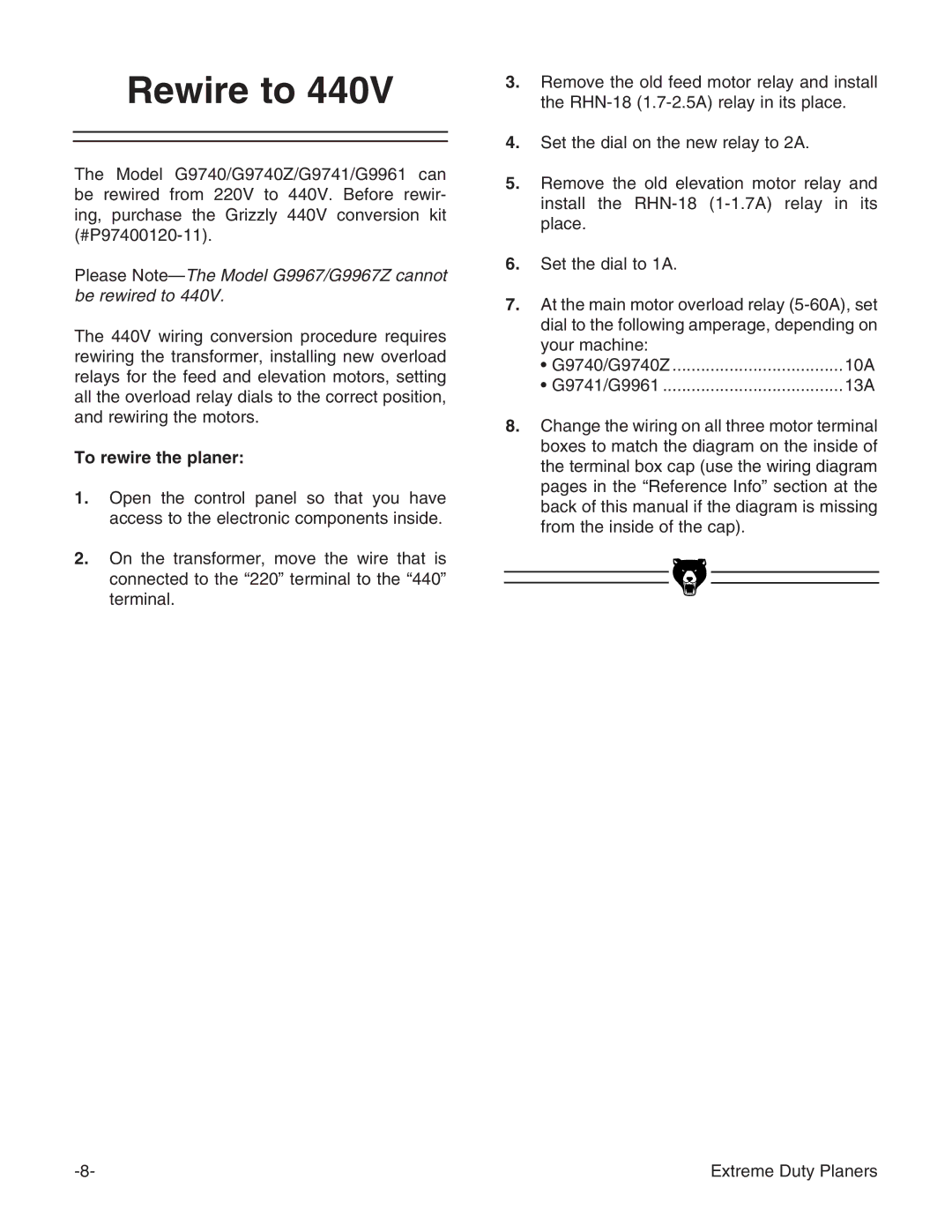 Grizzly G9740 instruction manual Rewire to, To rewire the planer 