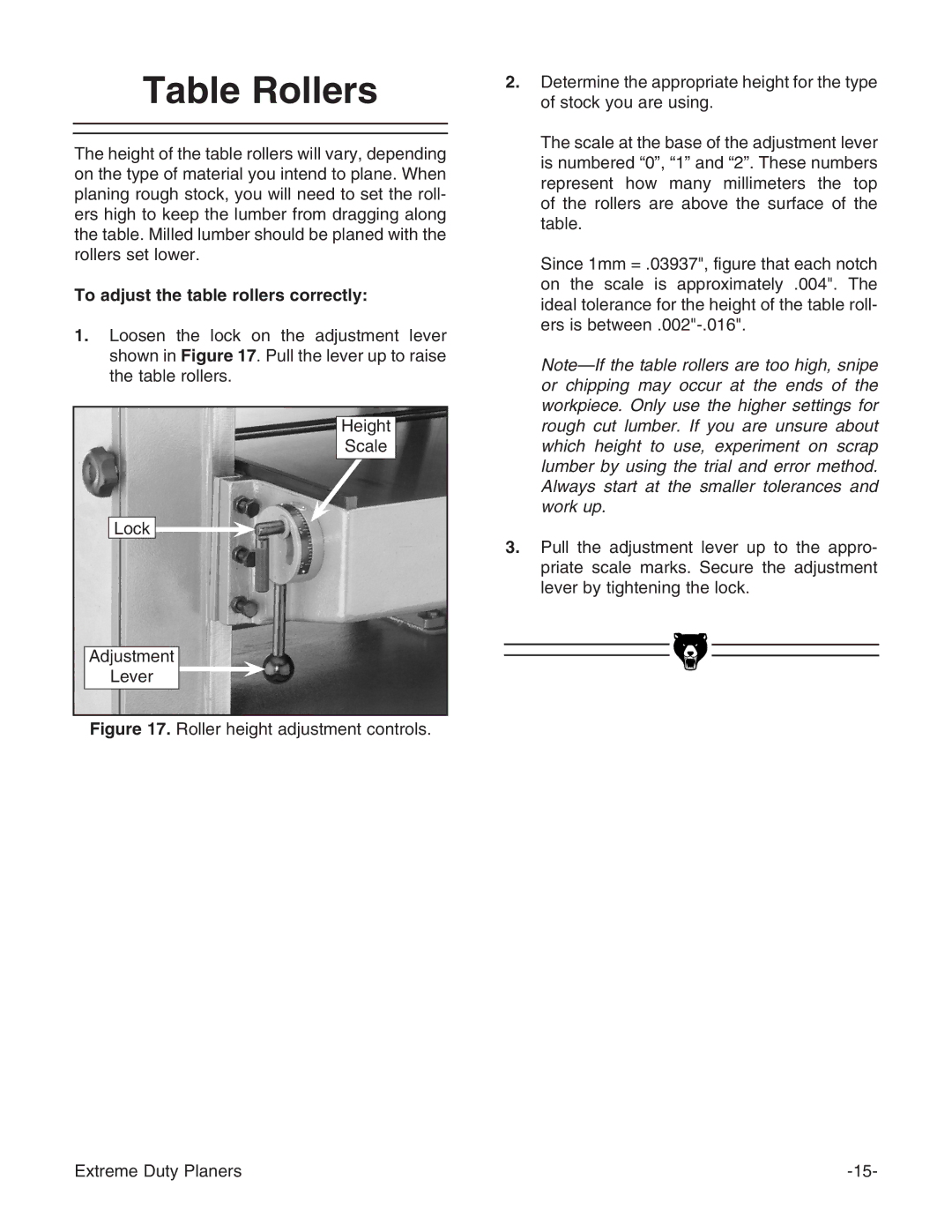 Grizzly G9740 instruction manual Table Rollers, To adjust the table rollers correctly 