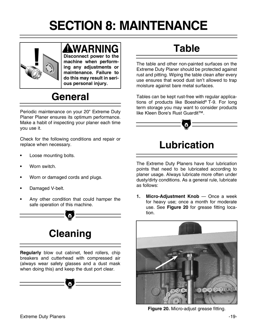 Grizzly G9740 instruction manual Maintenance, General, Lubrication, Cleaning 