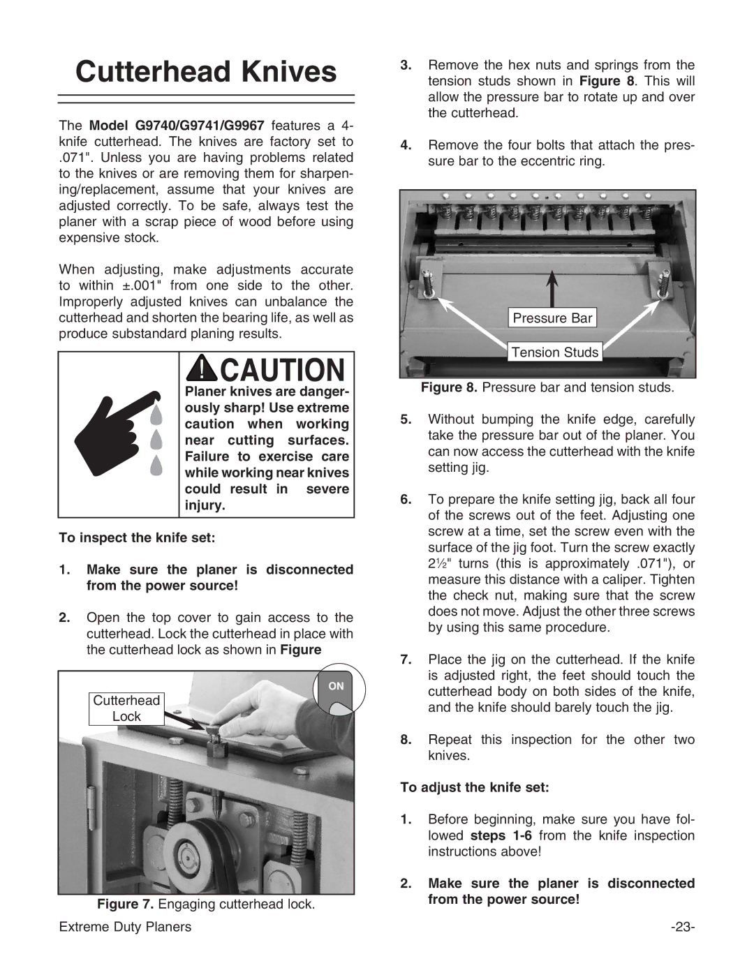 Grizzly G9740 instruction manual Cutterhead Knives, To adjust the knife set 