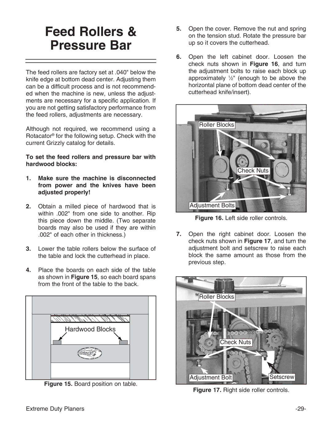 Grizzly G9740 instruction manual Feed Rollers Pressure Bar, Hardwood Blocks 