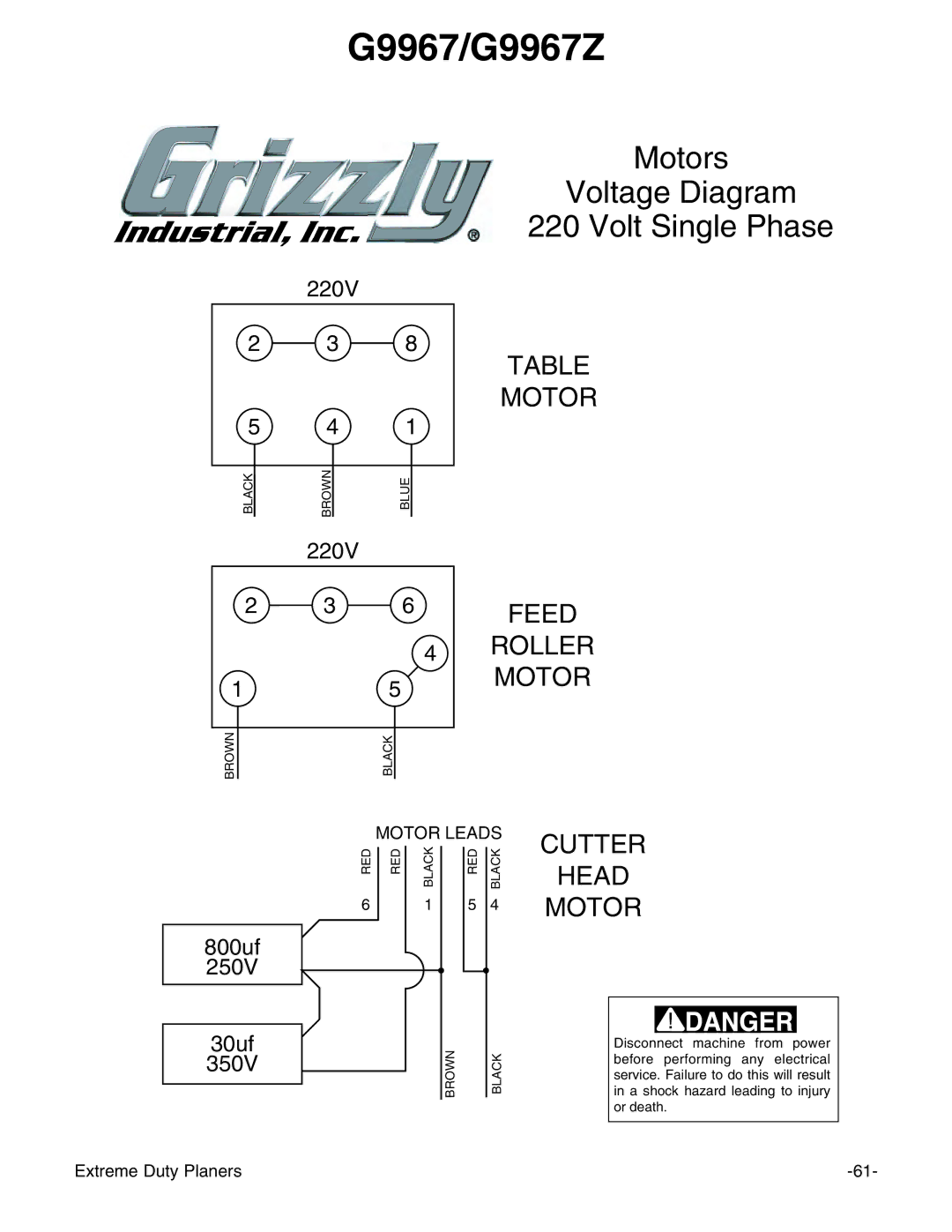 Grizzly G9740 instruction manual G9967/G9967Z, Motors Voltage Diagram Volt Single Phase 