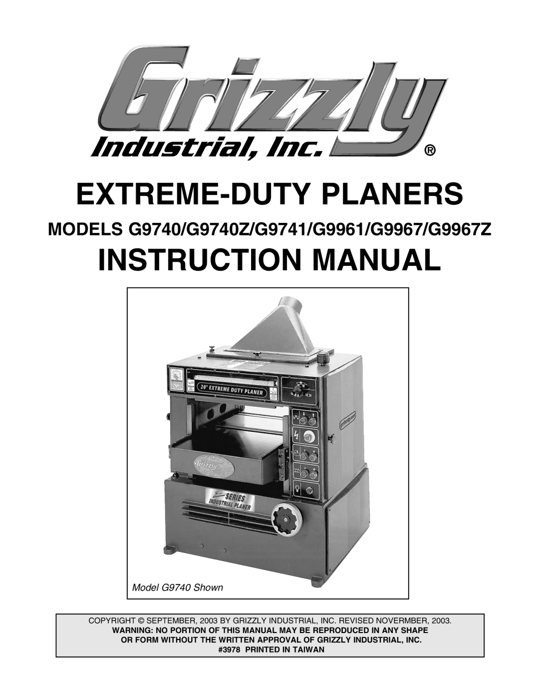 Grizzly G9740 instruction manual EXTREME-DUTY Planers 