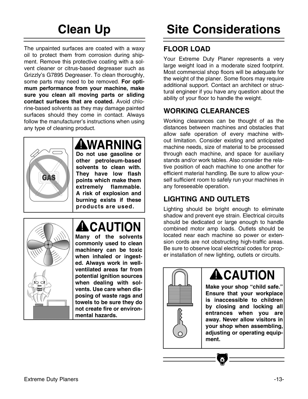 Grizzly G9740 instruction manual Clean Up, Site Considerations 