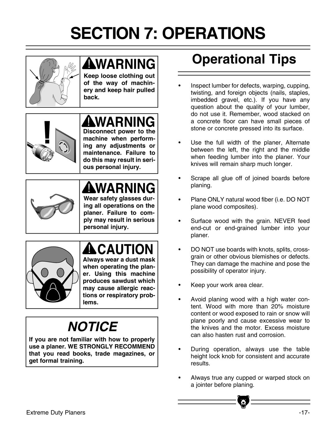 Grizzly G9740 instruction manual Operations, Operational Tips 