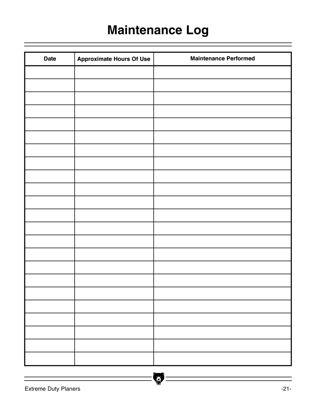 Grizzly G9740 instruction manual Maintenance Log, Date Approximate Hours Of Use Maintenance Performed 