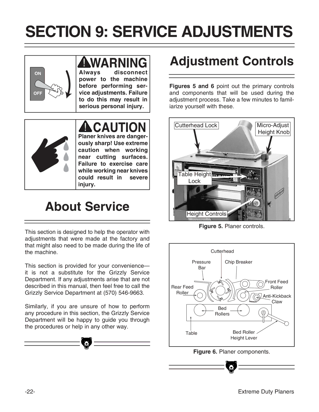 Grizzly G9740 instruction manual Service Adjustments, About Service, Adjustment Controls 