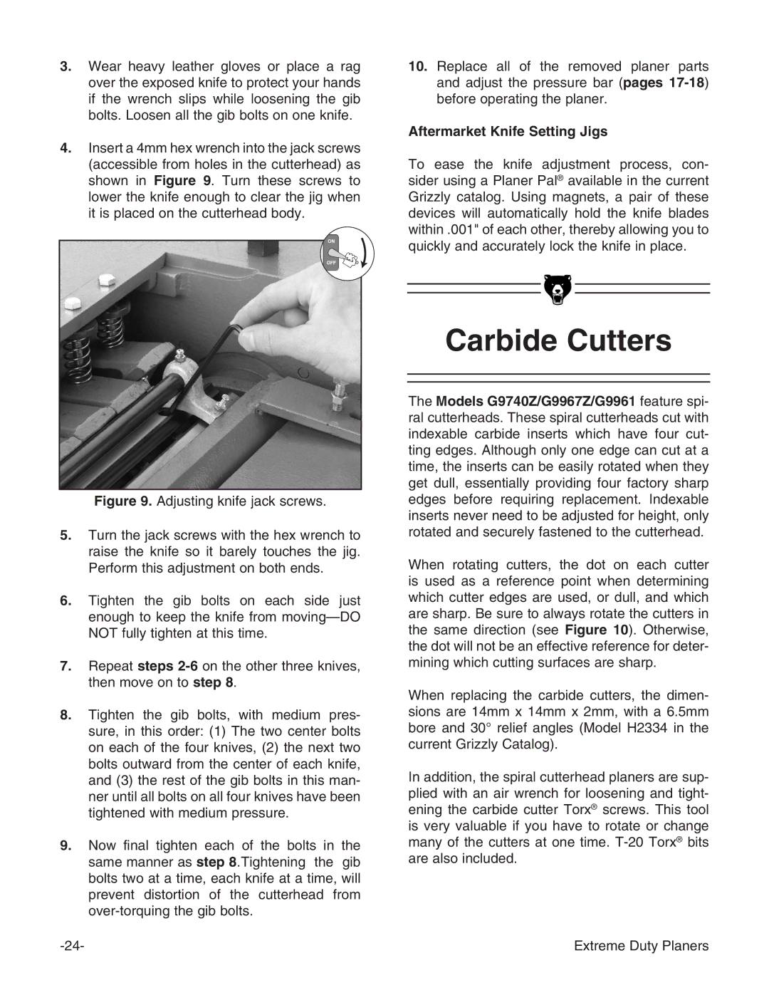 Grizzly G9740 instruction manual Carbide Cutters, Aftermarket Knife Setting Jigs 