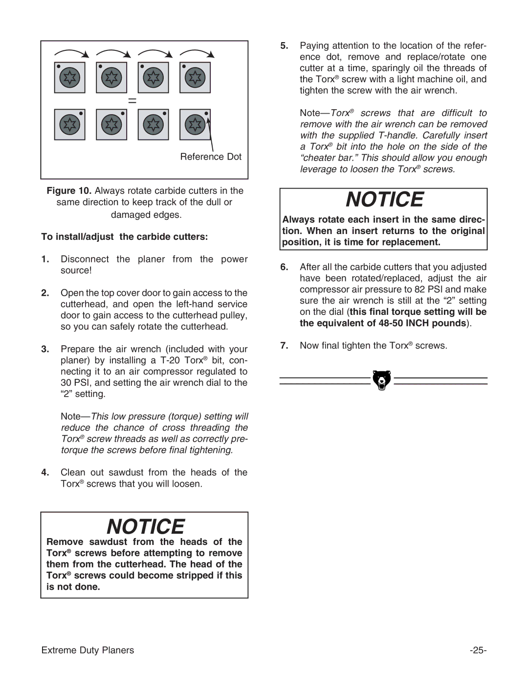 Grizzly G9740 instruction manual To install/adjust the carbide cutters, Disconnect the planer from the power source 