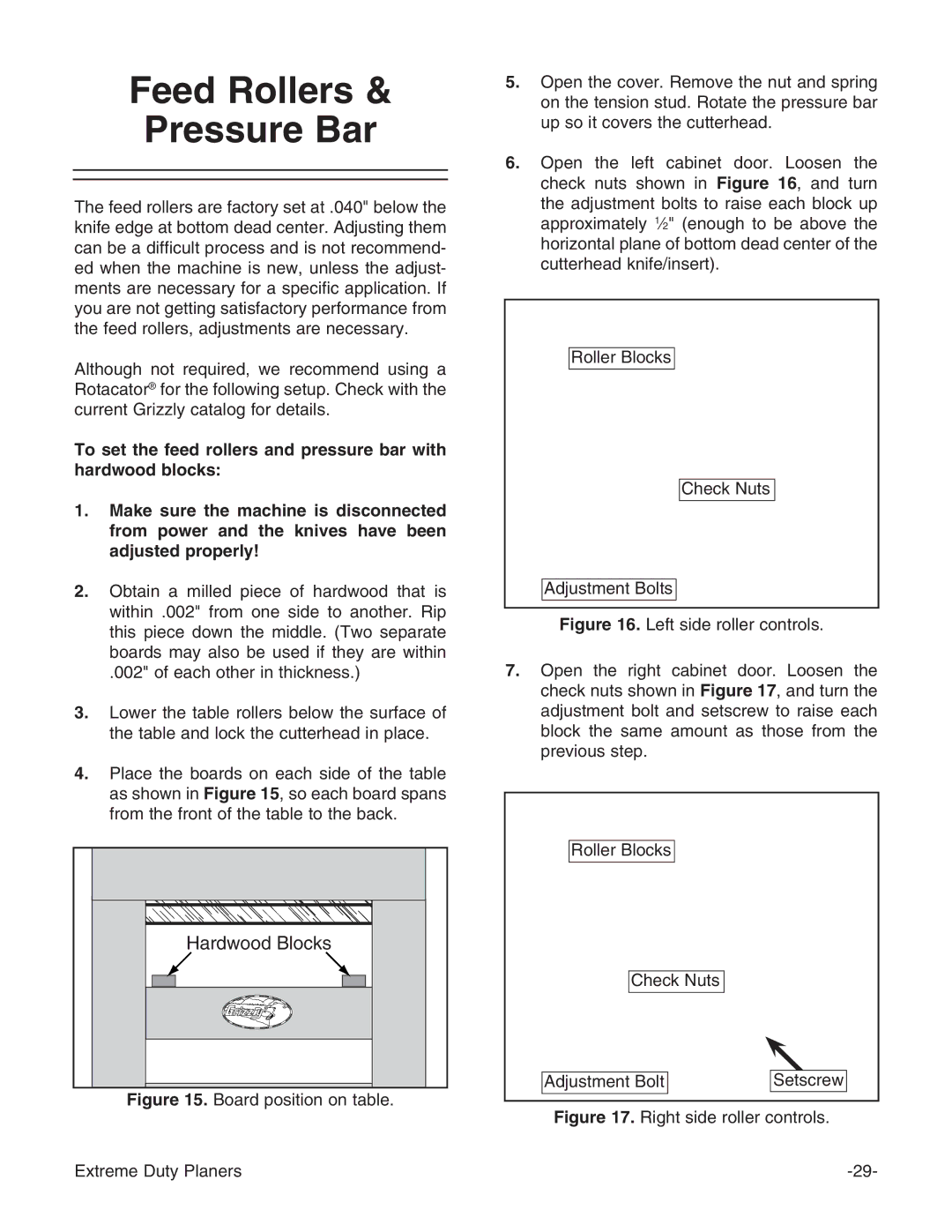 Grizzly G9740 instruction manual Feed Rollers Pressure Bar, Hardwood Blocks 