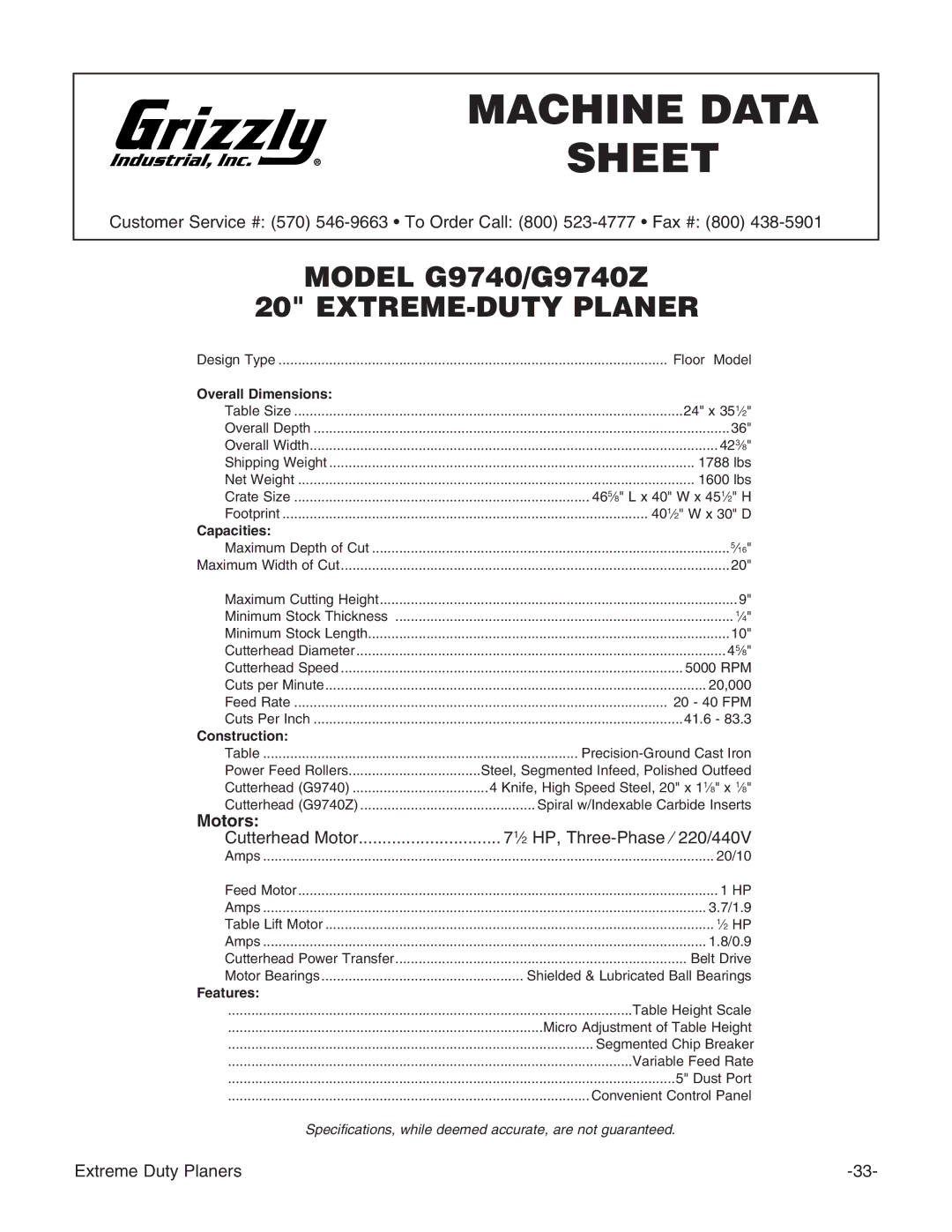 Grizzly G9740 instruction manual Machine Data Sheet, Motors 