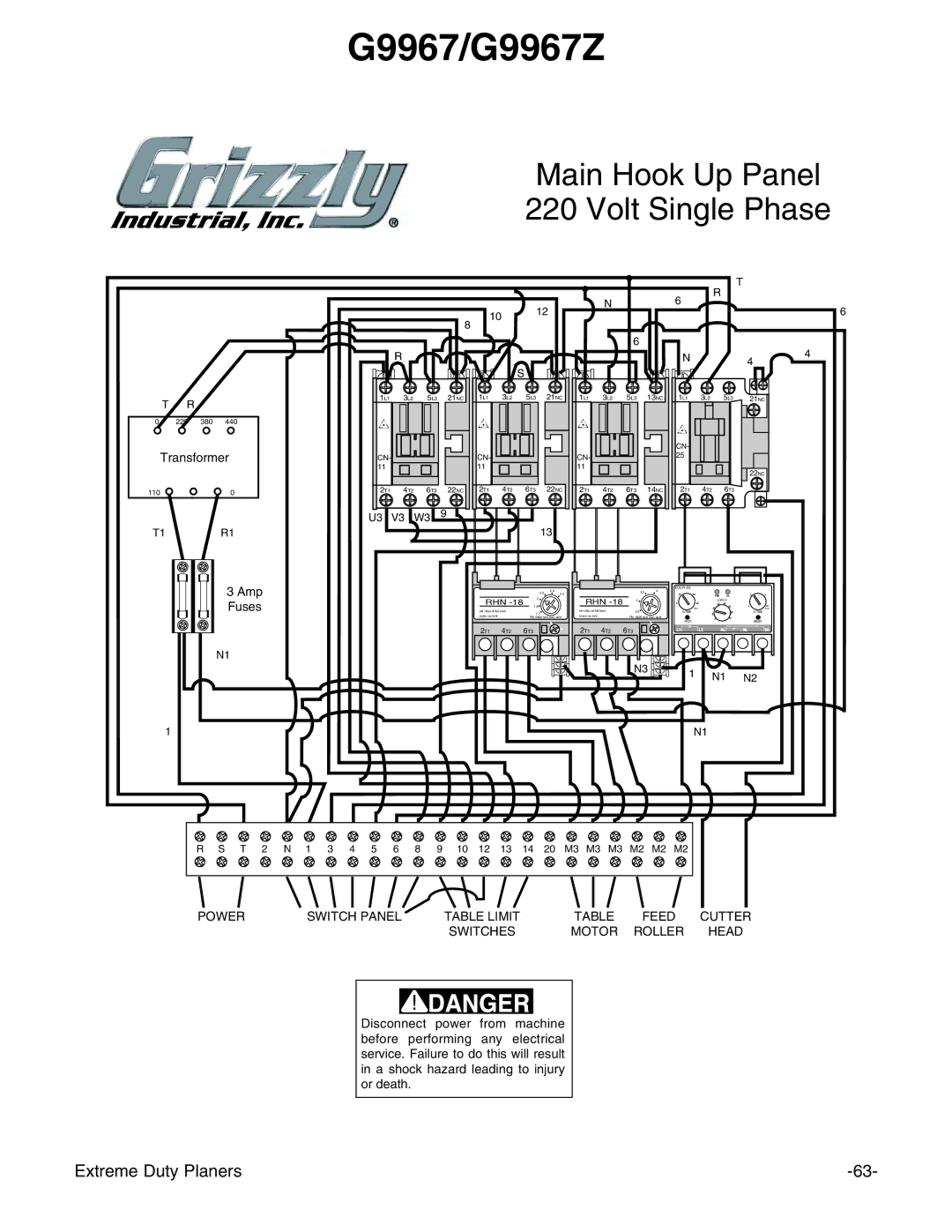 Grizzly G9740 instruction manual Main Hook Up Panel Volt Single Phase 