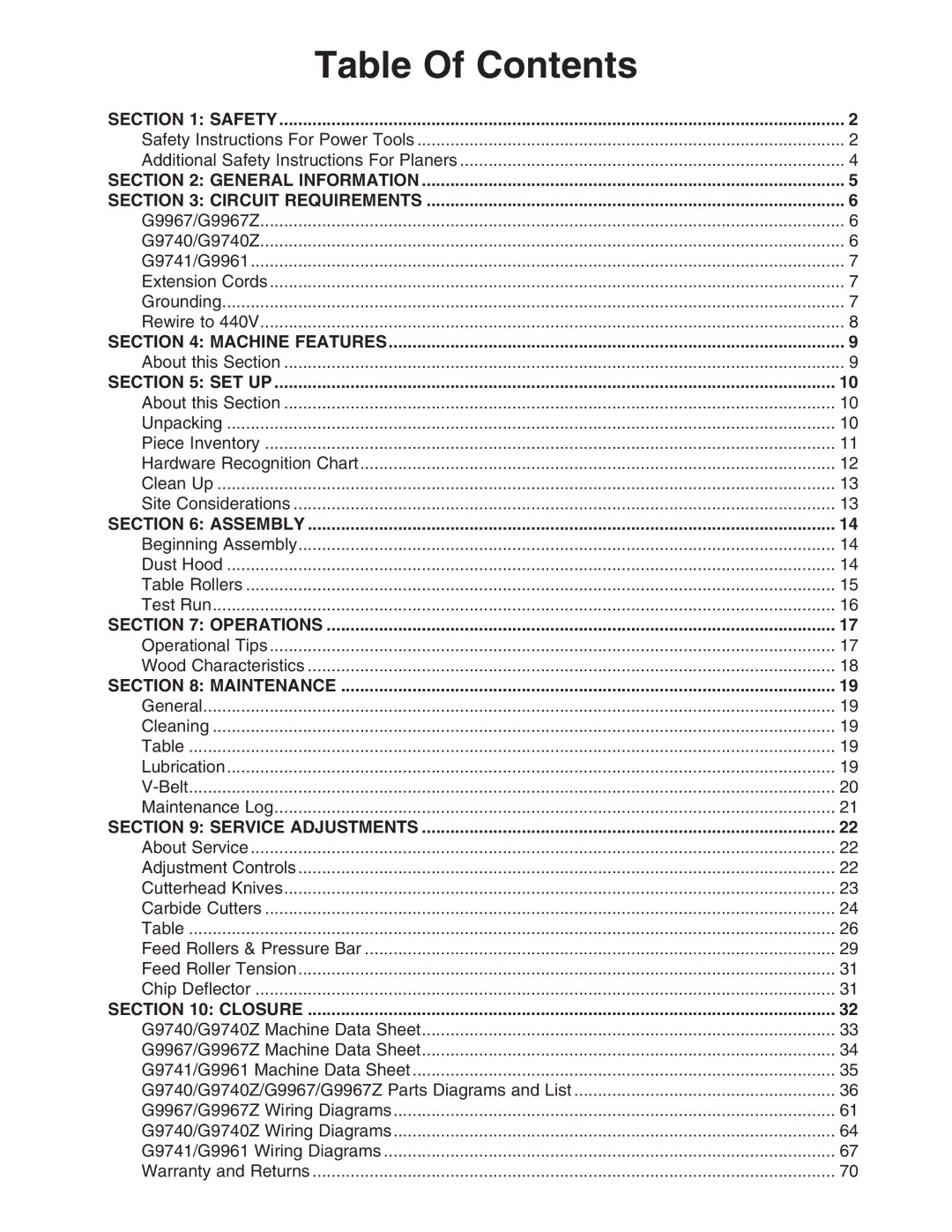 Grizzly G9740 instruction manual Table Of Contents 