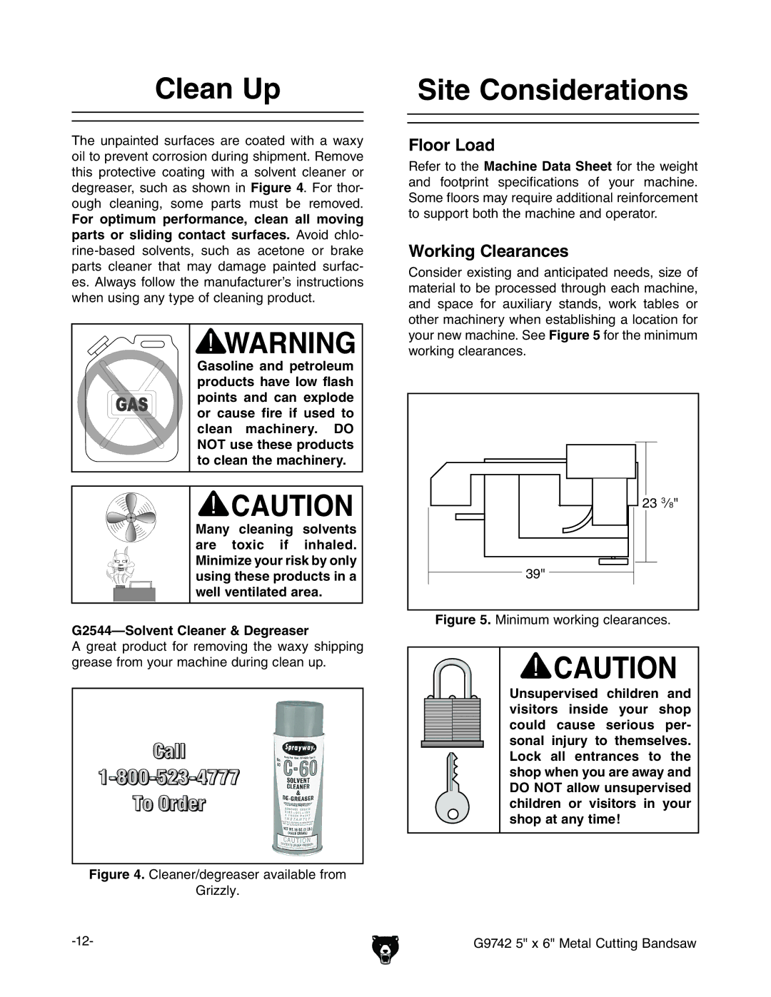 Grizzly G9742 owner manual Clean Up, Site Considerations, G2544-Solvent Cleaner & Degreaser 