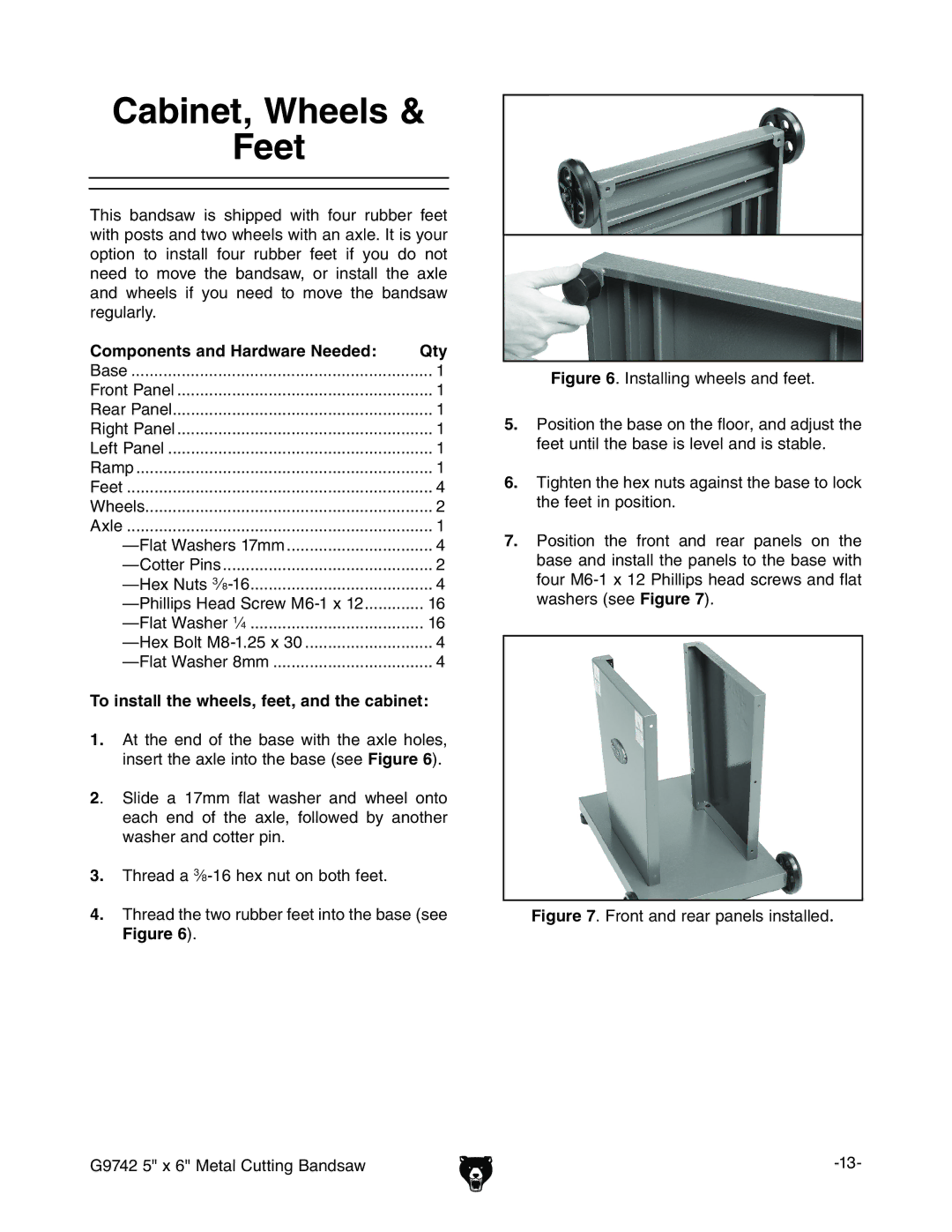 Grizzly G9742 Cabinet, Wheels Feet, Components and Hardware Needed Qty, To install the wheels, feet, and the cabinet 