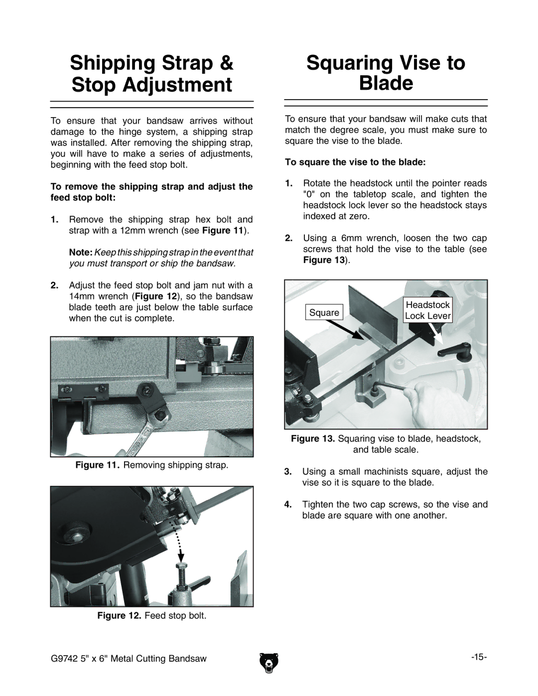 Grizzly G9742 owner manual Shipping Strap Stop Adjustment, Squaring Vise to Blade, To square the vise to the blade, HfjVgZ 