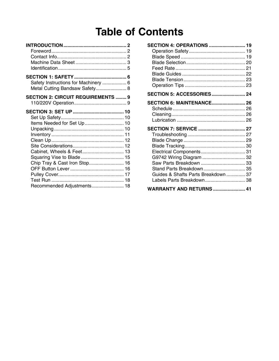 Grizzly G9742 owner manual Table of Contents 