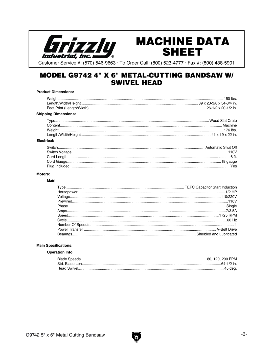 Grizzly G9742 owner manual Machine Data Sheet 