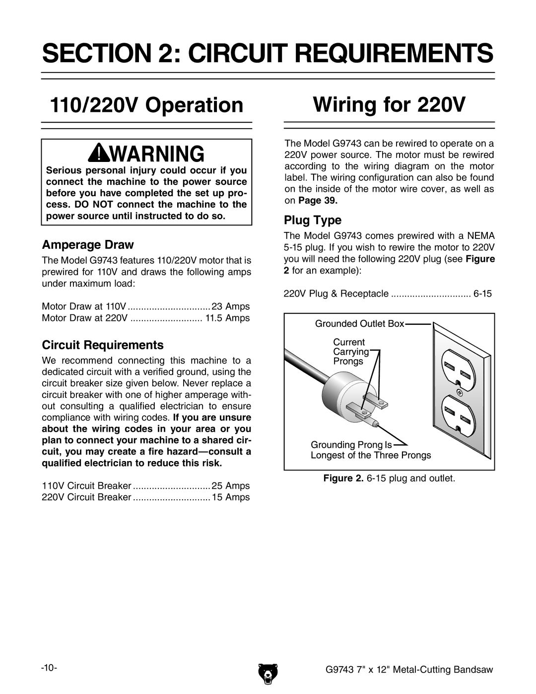 Grizzly G9743 owner manual Circuit Requirements, 110/220V Operation, Wiring for 