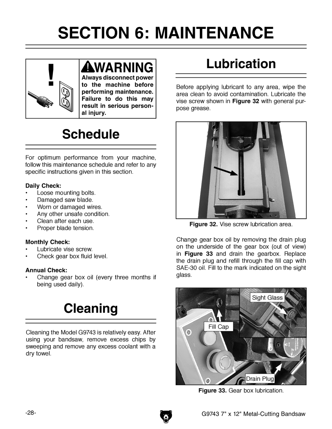 Grizzly G9743 owner manual Maintenance, Schedule, Cleaning, Lubrication 