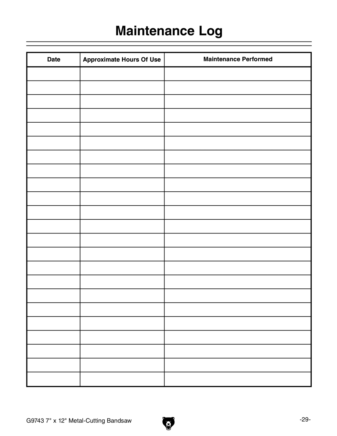 Grizzly G9743 owner manual Maintenance Log, Date Approximate Hours Of Use Maintenance Performed 