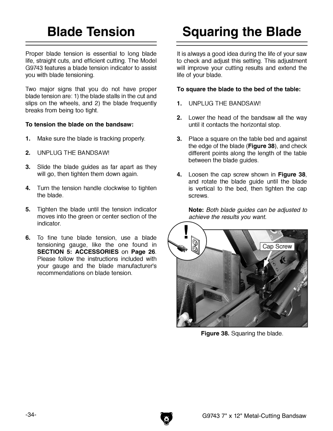 Grizzly G9743 owner manual Blade Tension Squaring the Blade, To tension the blade on the bandsaw 