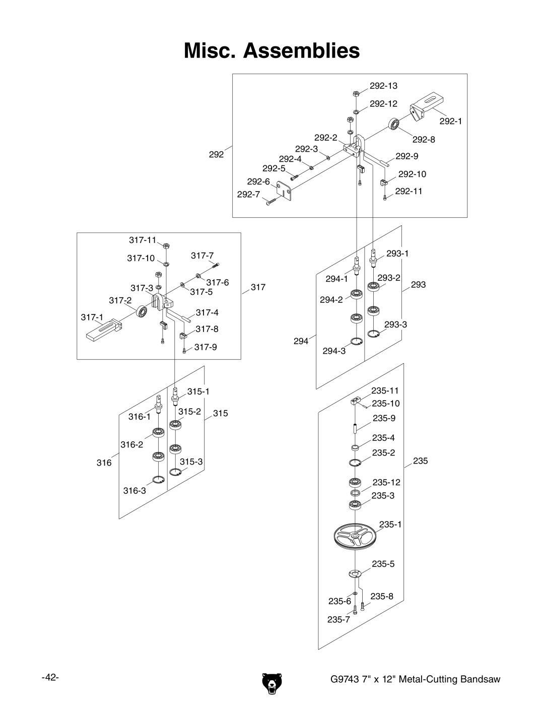 Grizzly G9743 owner manual Misc. Assemblies 