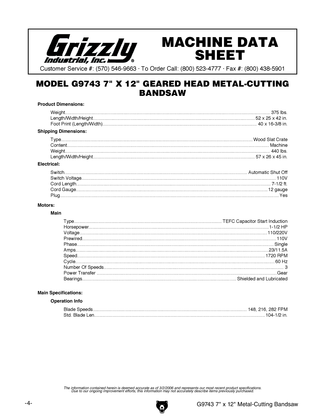 Grizzly G9743 owner manual 375 lbs 