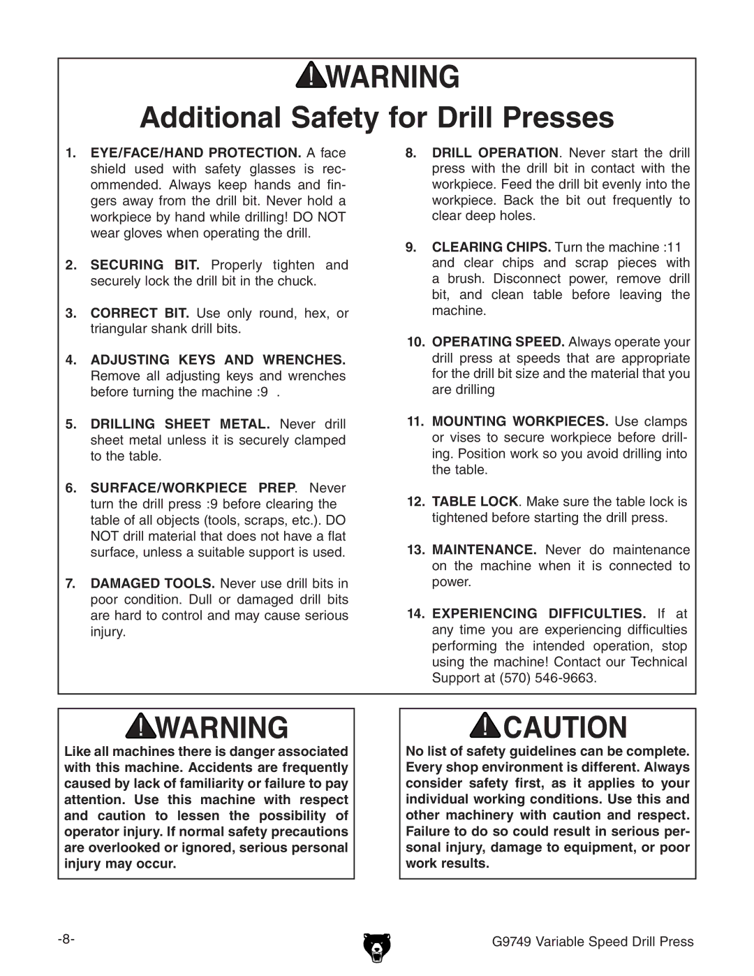 Grizzly G9749 owner manual Additional Safety for Drill Presses 