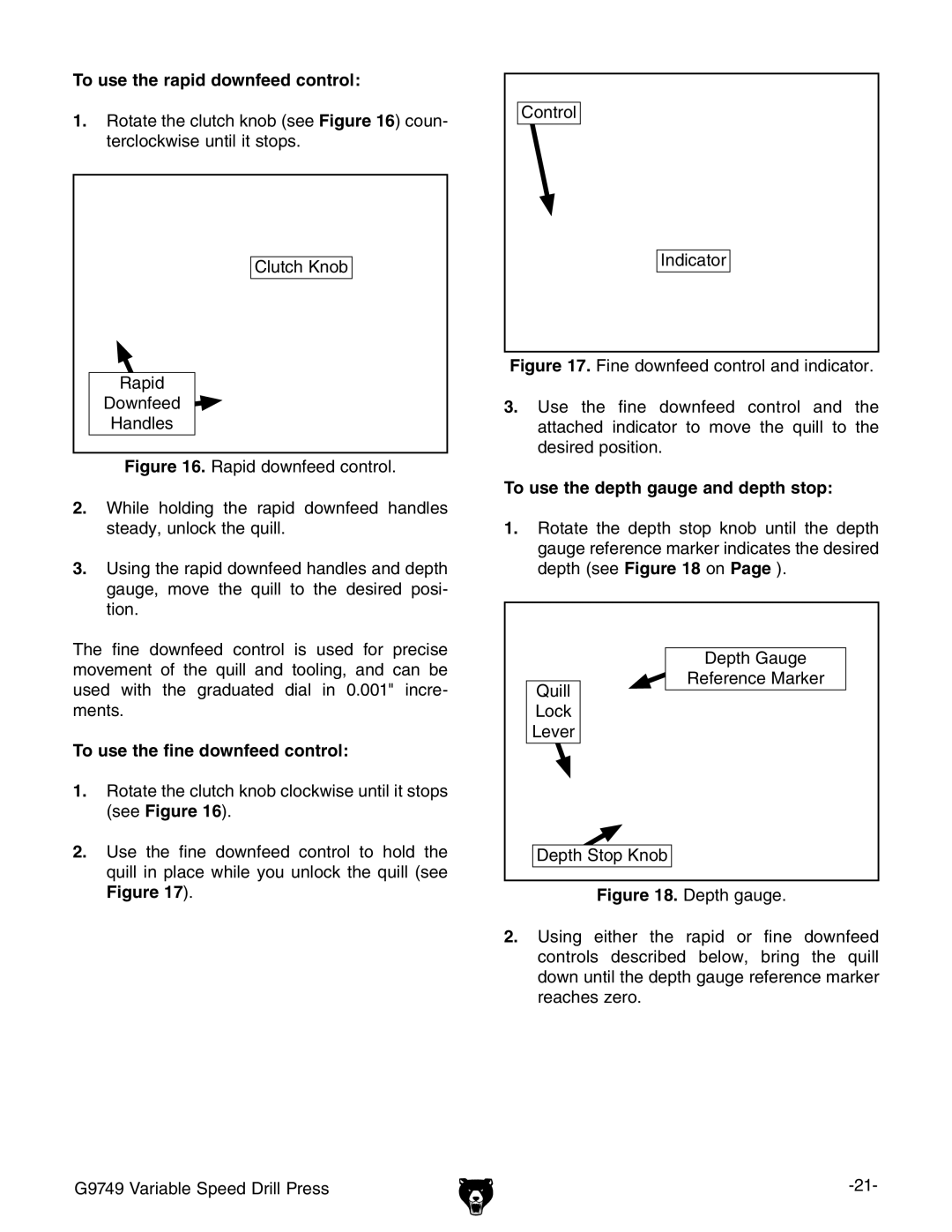 Grizzly G9749 To use the rapid downfeed control, To use the fine downfeed control, To use the depth gauge and depth stop 