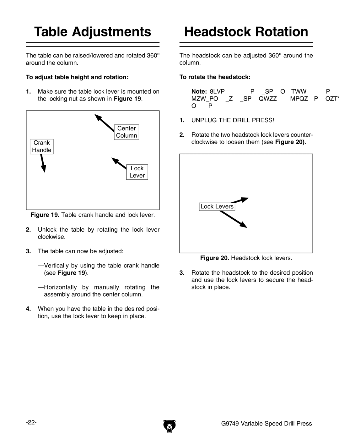 Grizzly G9749 Table Adjustments, Headstock Rotation, To adjust table height and rotation, To rotate the headstock 