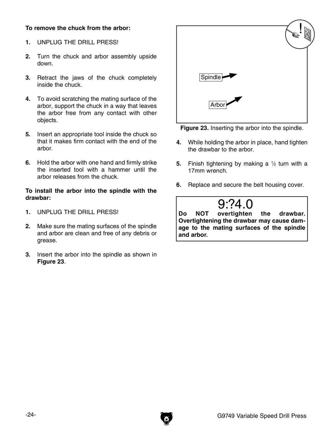 Grizzly G9749 owner manual To remove the chuck from the arbor, To install the arbor into the spindle with the drawbar 