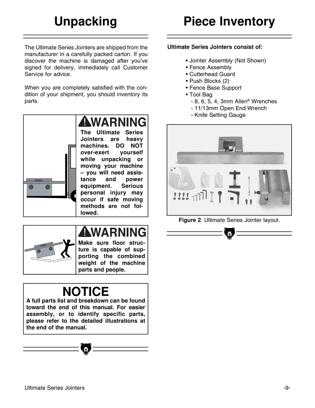 Grizzly G9859 instruction manual Unpacking, Piece Inventory 