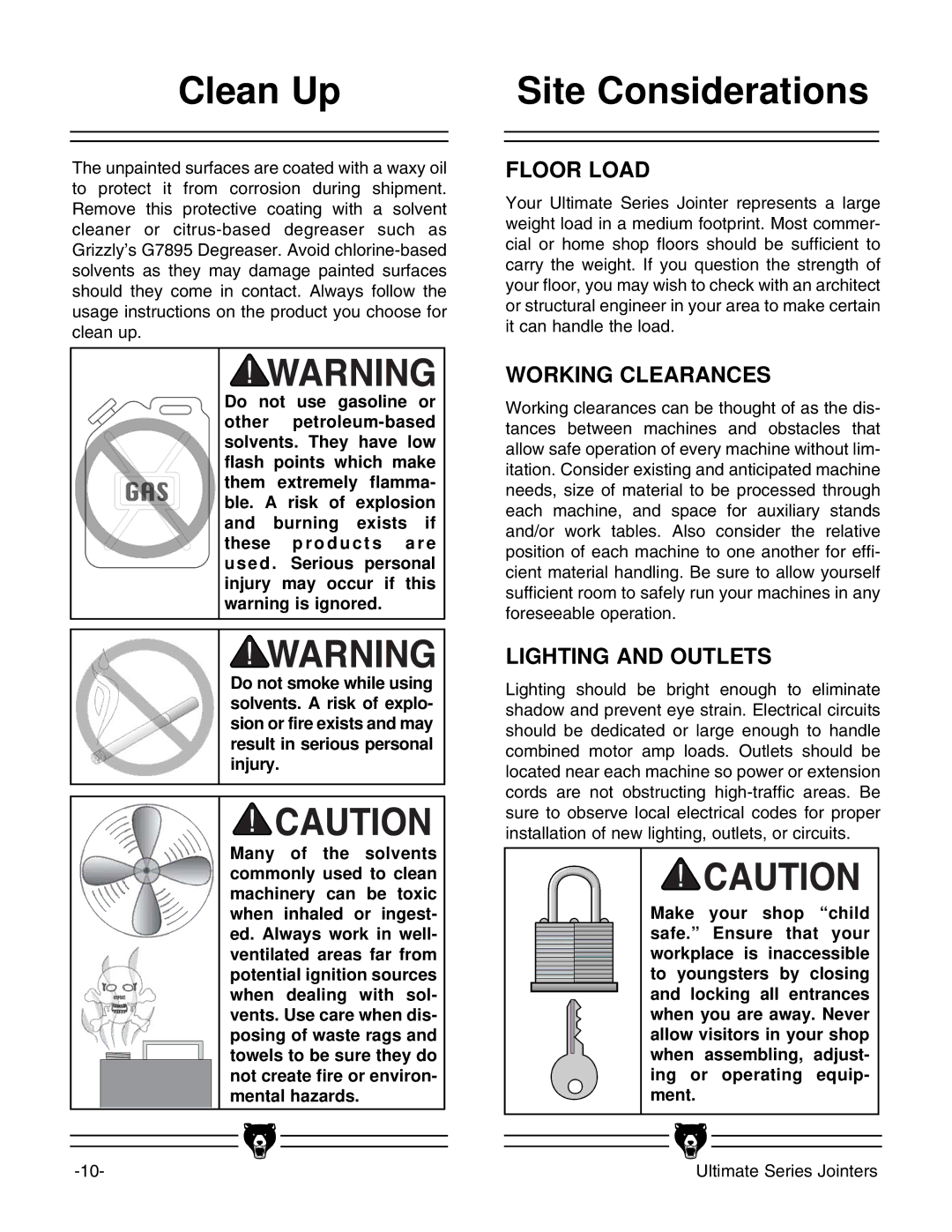 Grizzly G9859 instruction manual Clean Up, Site Considerations 