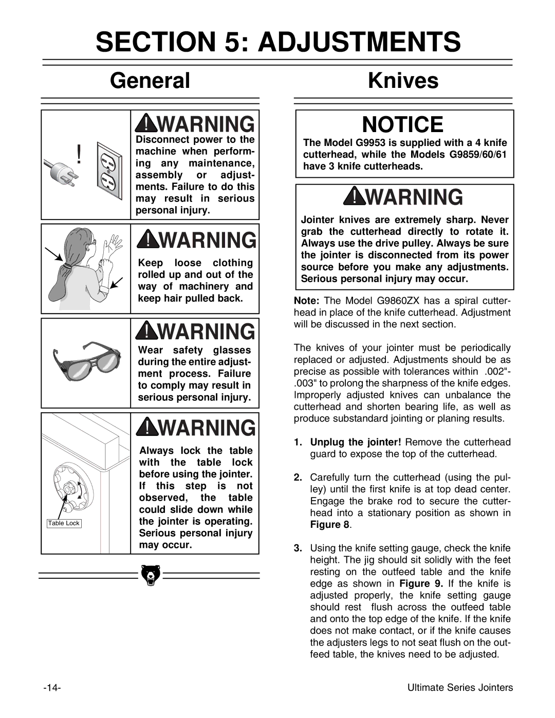 Grizzly G9859 instruction manual Adjustments, General, Knives 