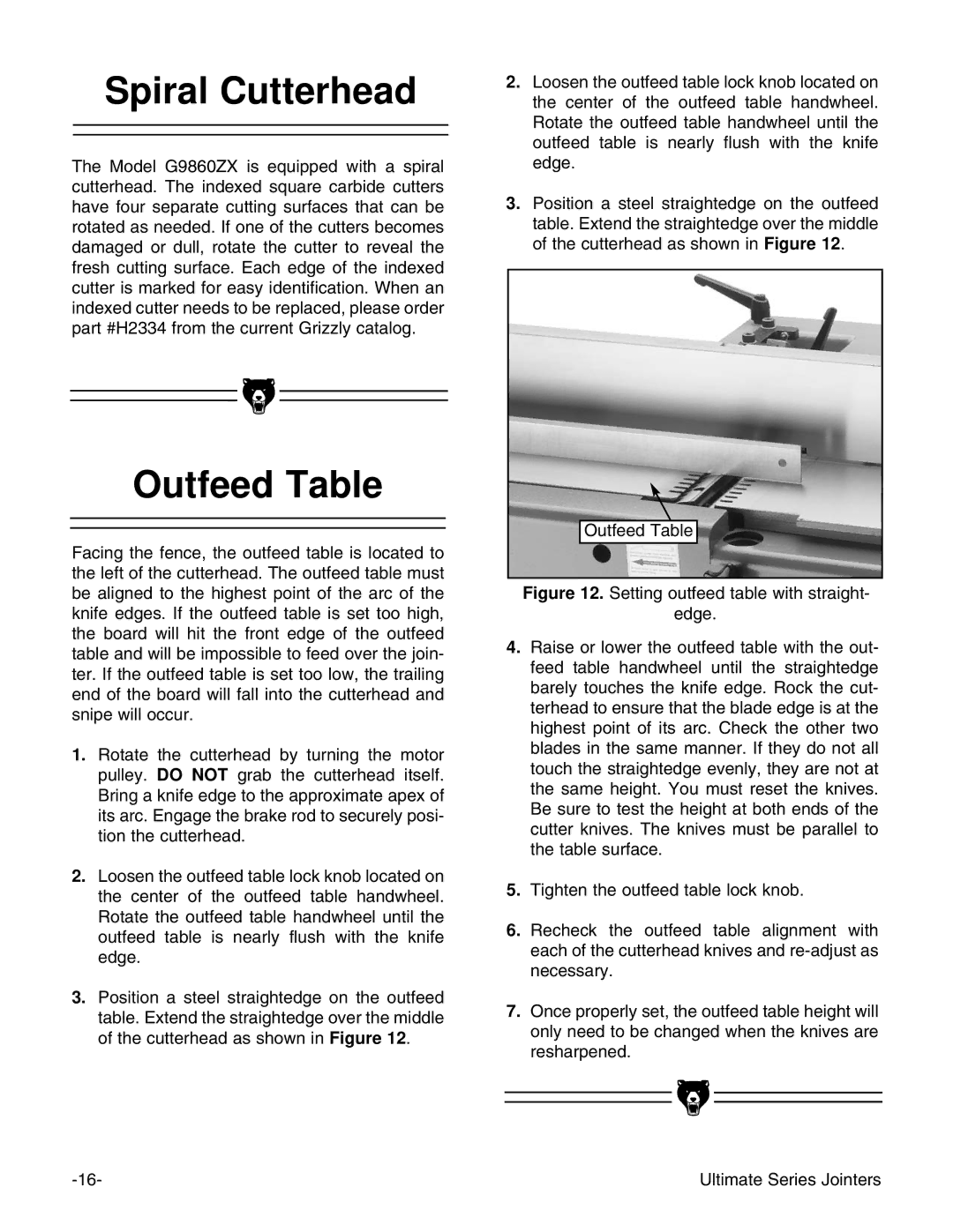 Grizzly G9859 instruction manual Spiral Cutterhead, Outfeed Table 