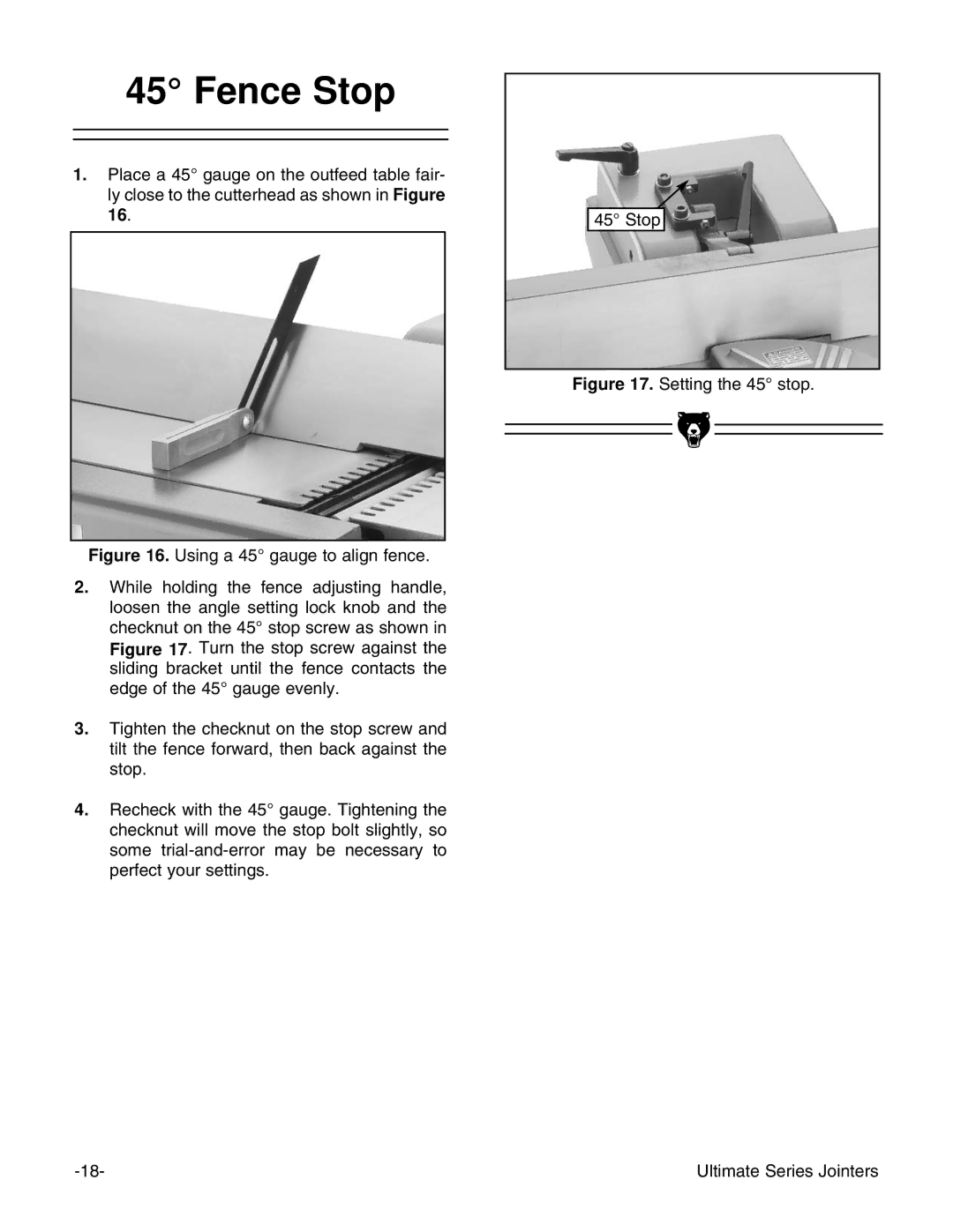 Grizzly G9859 instruction manual Setting the 45 stop Ultimate Series Jointers 