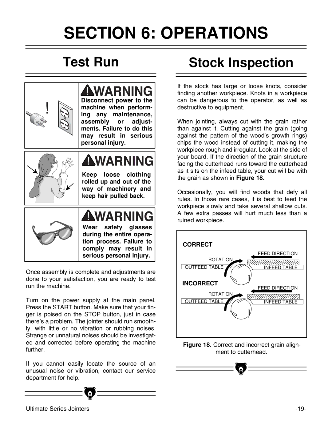 Grizzly G9859 instruction manual Operations, Test Run, Stock Inspection 