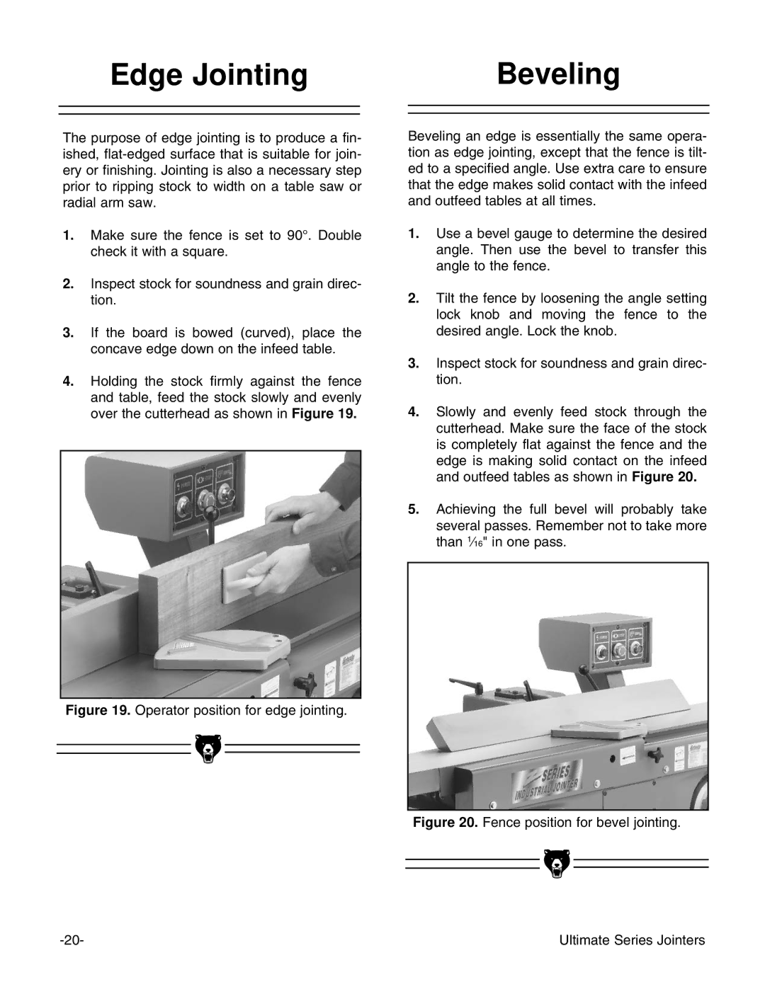 Grizzly G9859 instruction manual Edge Jointing Beveling, Fence position for bevel jointing Ultimate Series Jointers 