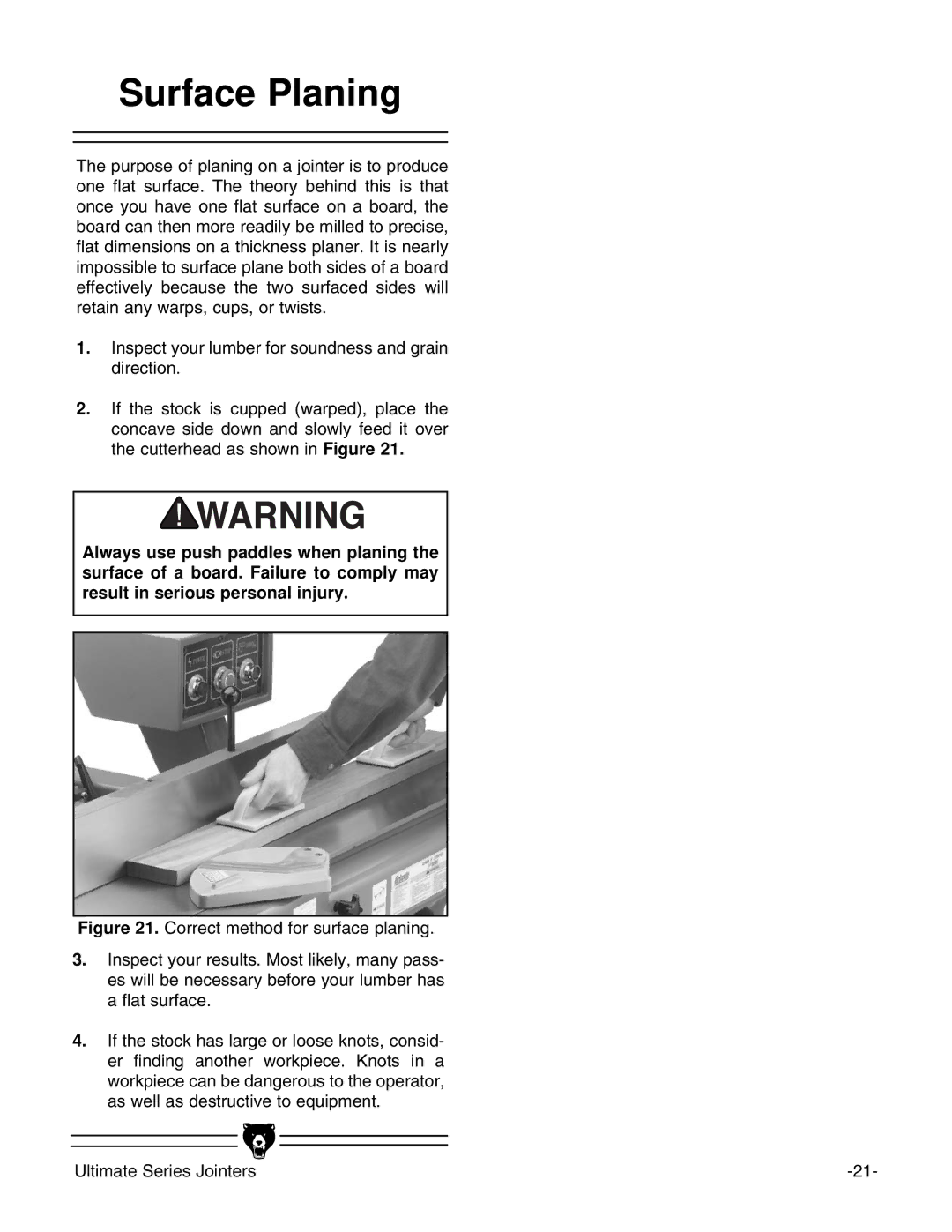 Grizzly G9859 instruction manual Surface Planing 