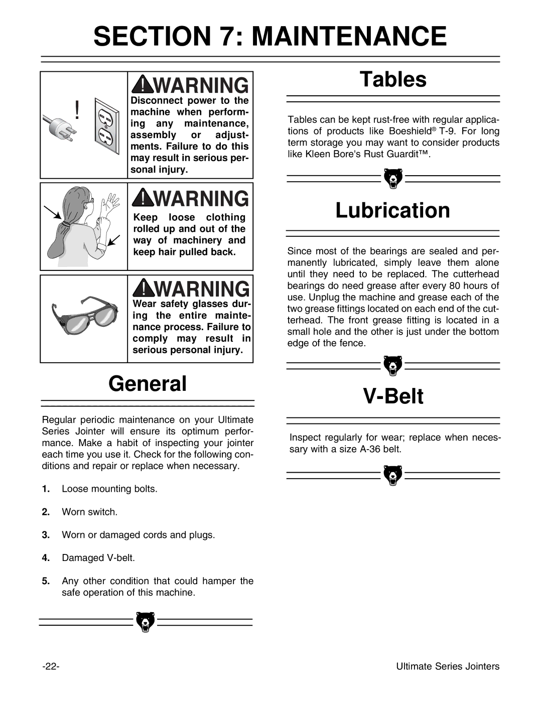 Grizzly G9859 instruction manual Maintenance, Tables, Lubrication, Belt 