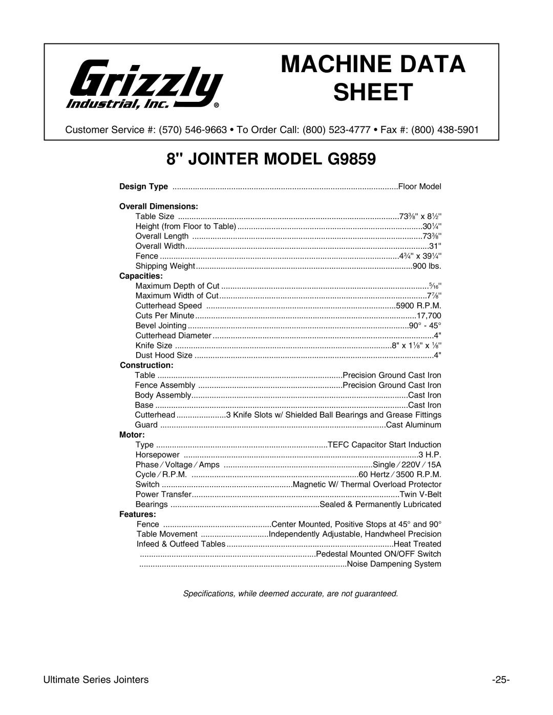 Grizzly G9859 instruction manual Machine Data Sheet 