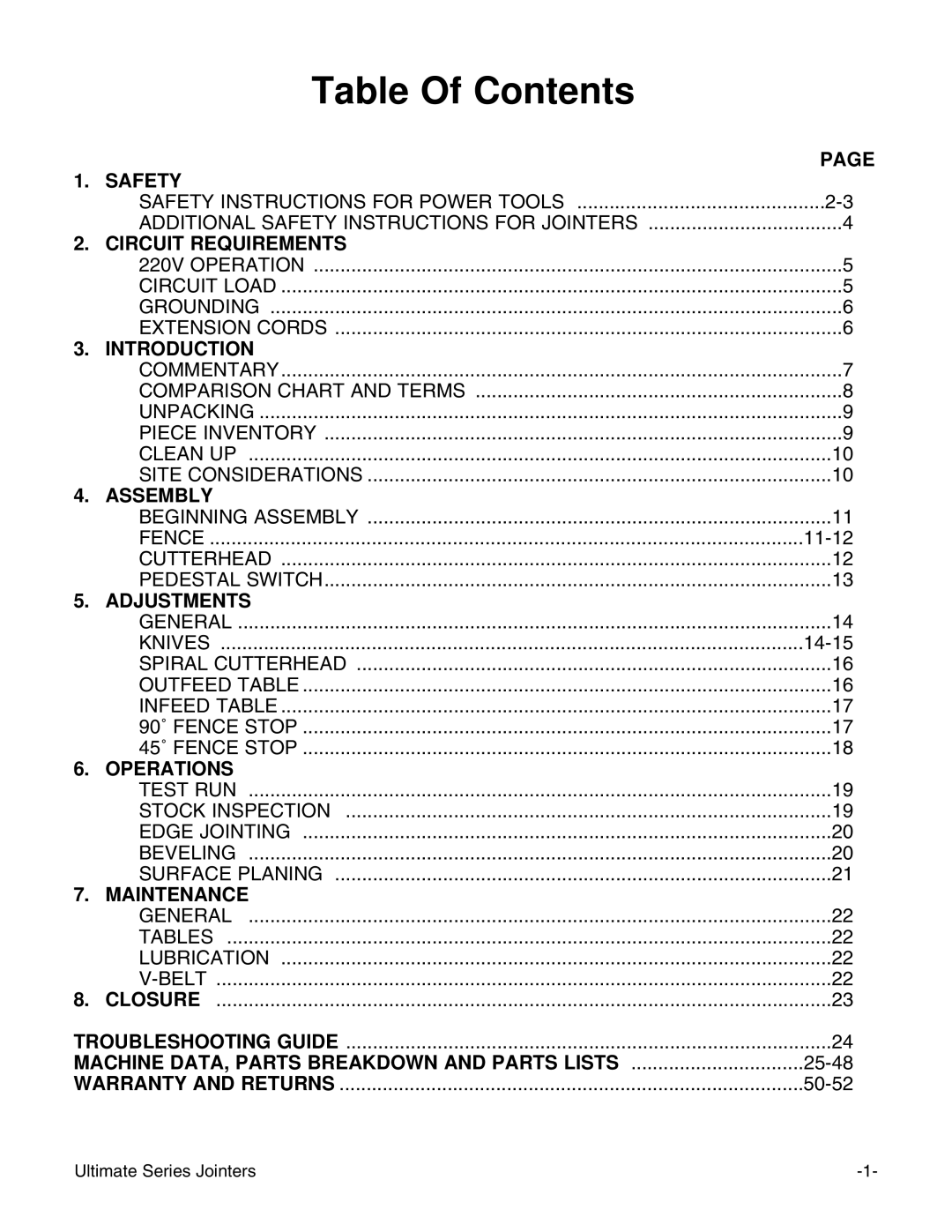 Grizzly G9859 instruction manual Table Of Contents 