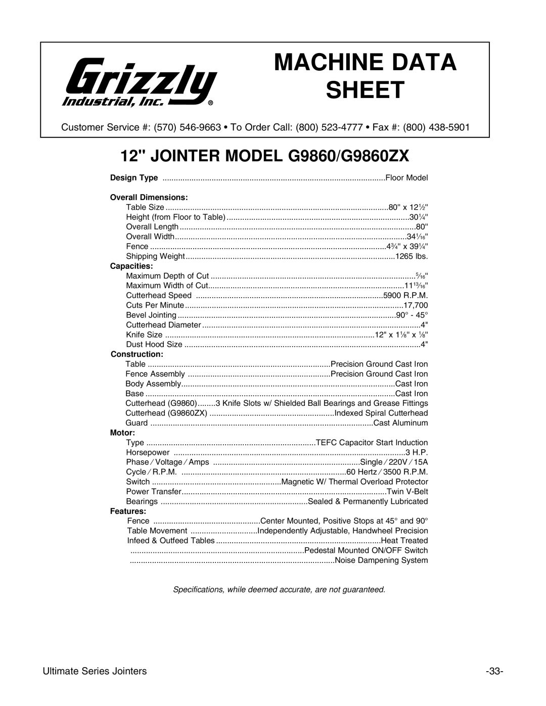 Grizzly G9859 instruction manual Jointer Model G9860/G9860ZX 