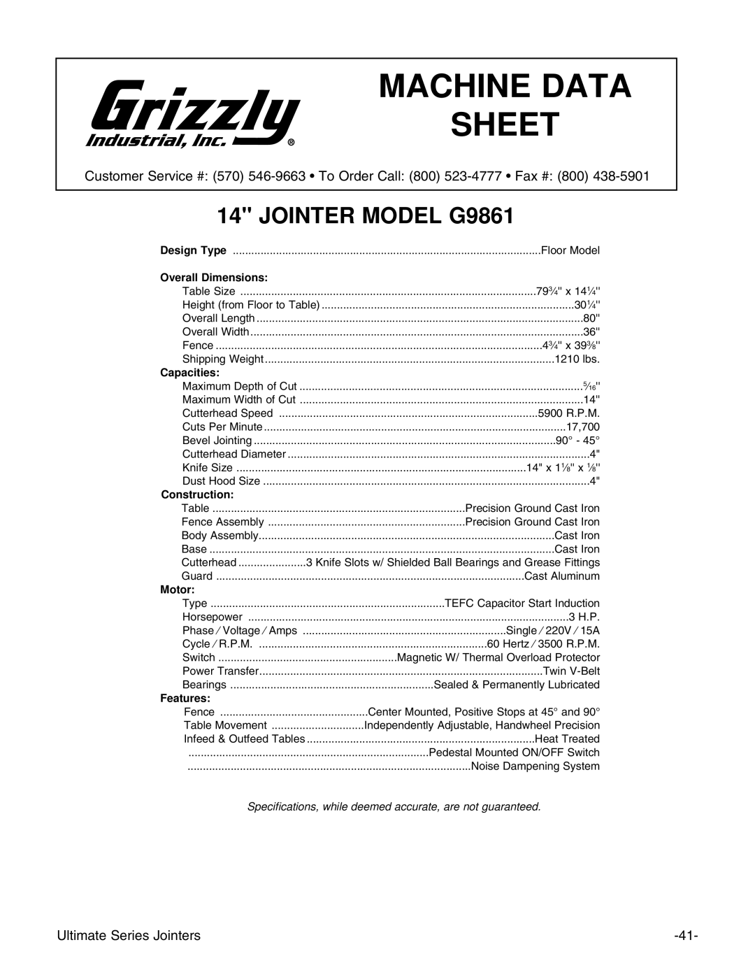 Grizzly G9859 instruction manual Jointer Model G9861 