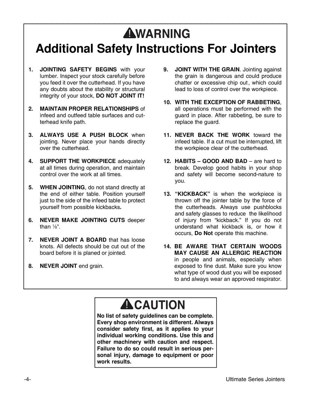 Grizzly G9859 instruction manual Additional Safety Instructions For Jointers, Never Joint end grain 