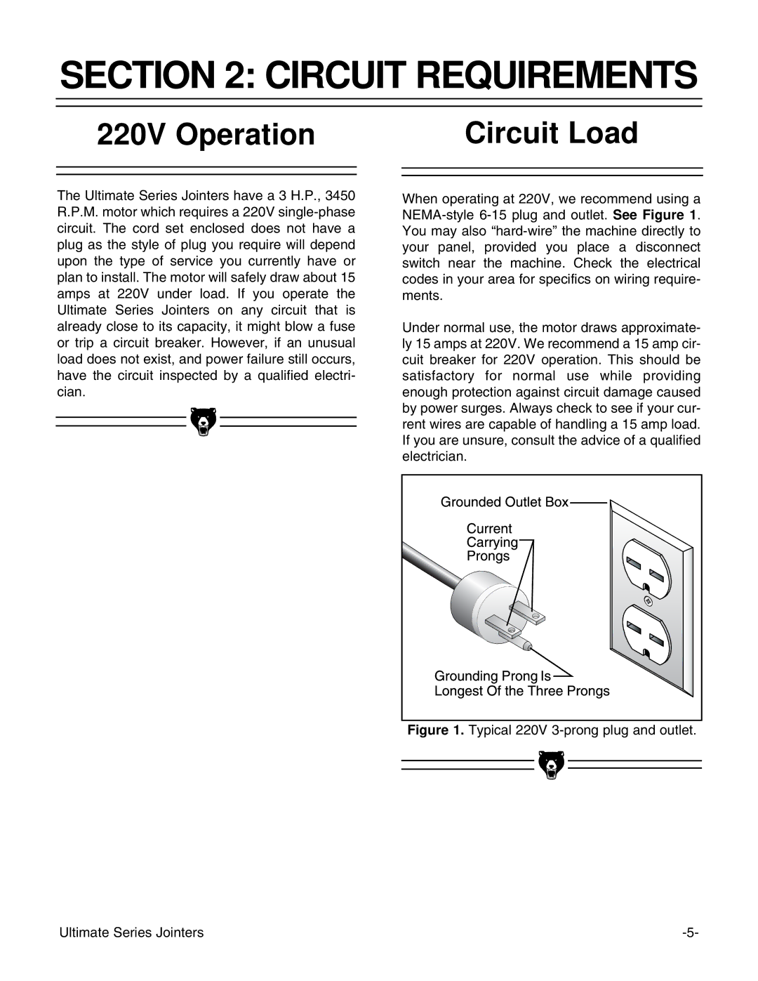 Grizzly G9859 instruction manual Circuit Requirements, 220V Operation Circuit Load 