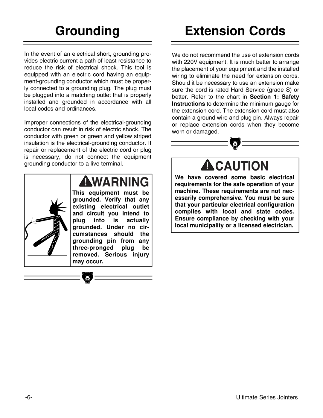 Grizzly G9859 instruction manual Grounding Extension Cords 