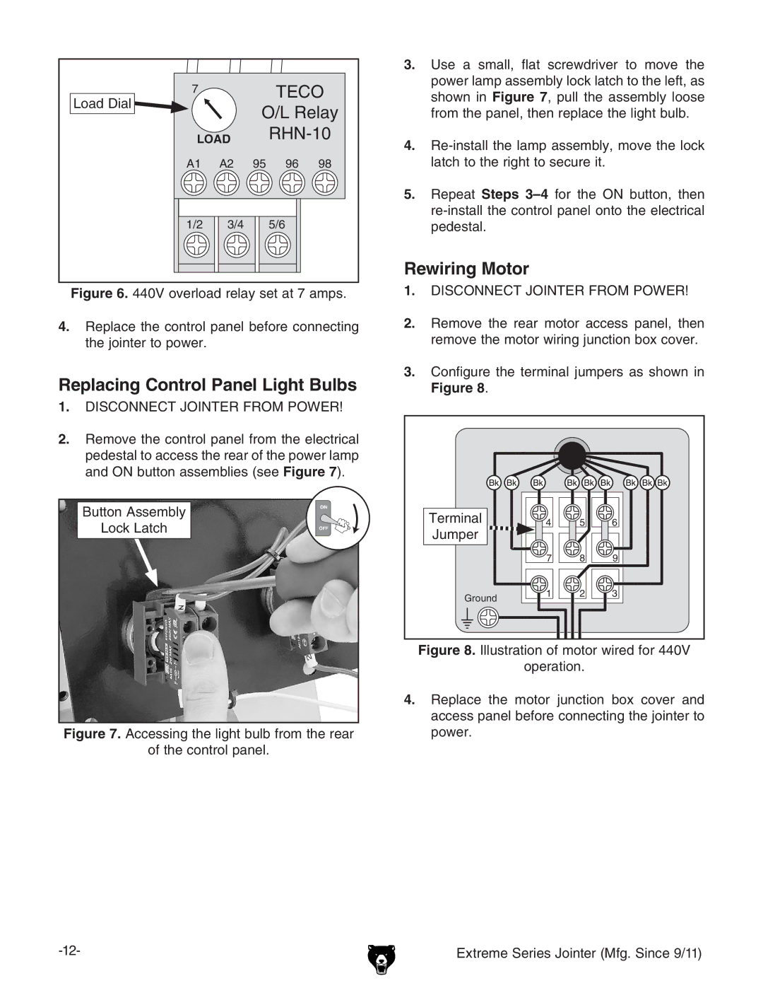 Grizzly G9860 owner manual Replacing Control Panel Light Bulbs, Rewiring Motor 